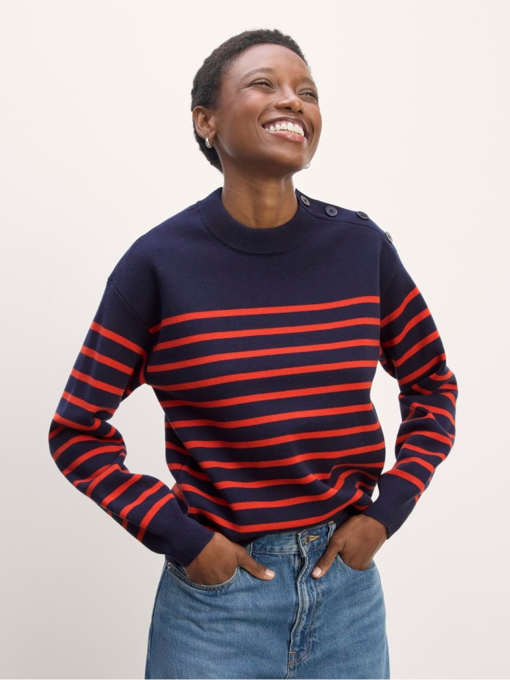 Everlane The Mariner Crew Sweater Navy / Poppy Red Striped Wool Blend XL